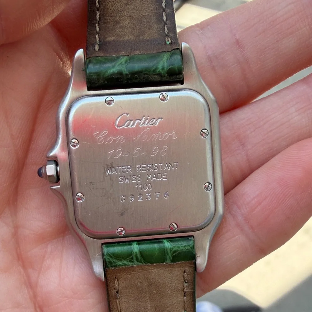 Cartier Two-Tone Square Watch with Green Leather Strap